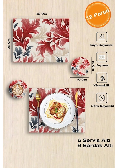 Valerine Life Kırmızı Yaprak Desenli Amerikan Deri Kaymaz Yıkanabilir Servis Altlığı 12 Parça 6 Kişi Siyah