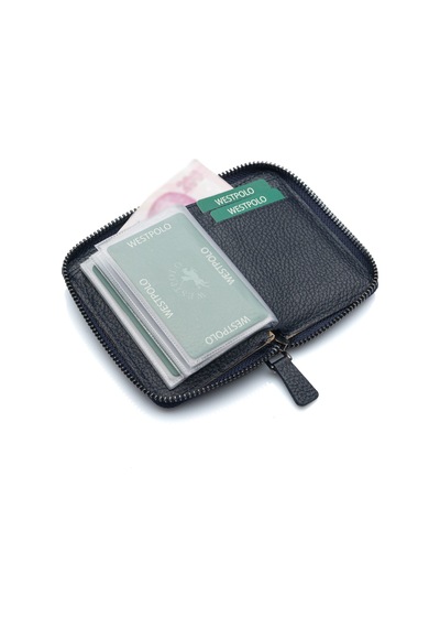 Westpolo Hakiki Deri Bol Şeffaf Kart Bölmeli Fermuarlı Unisex Cüzdan - Lacivert Lacivert