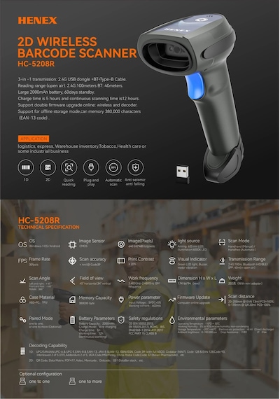 Henex Hc5208r 2d Kablosuz Barkod Okuyucu 1.0 Mp + 2.4g + Bluetooth Hıd + Ble + 3 In 1 + Usb Dongle