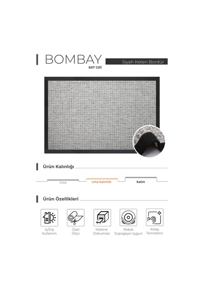Bombay 667 Gri Hav Toz Vermez Kolay Temizlenen Hasır Doku Sisal Halı Gri