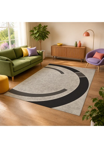 Kartela Halı Yörünge Daire Desenli Modern Halı Antrasit Kaymaz Taban Makinede Yıkanabilir 120x180 Cm