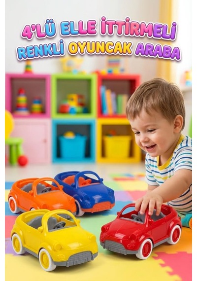 4'lü Mini Elle İttirmeli Renkli Yerli Üretim Eğitici Ve Eğlenceli Oyuncak Araba Seti Çok Renkli