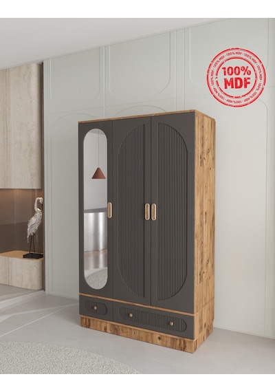 Soho 3 Kapaklı Çekmeceli Bazalı Gardırop - Tamamı Mdf Antrasit