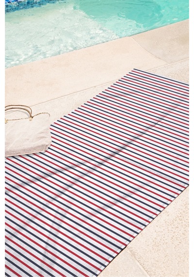 Çizgili Marine Plaj Havlusu - Lacivert Kırmızı Beyaz Nautical Modern Hızlı Kuruyan Mikrofiber Havlu Eski Mercan
