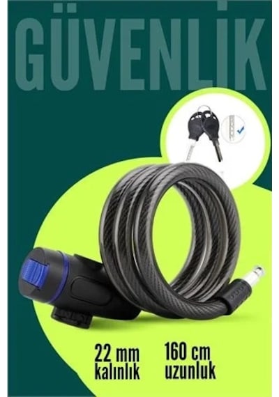 22mm Çelik Halatlı Bisiklet Kilidi - 160cm Anahtarlı Scoooter Motosiklet Kilidi 722486