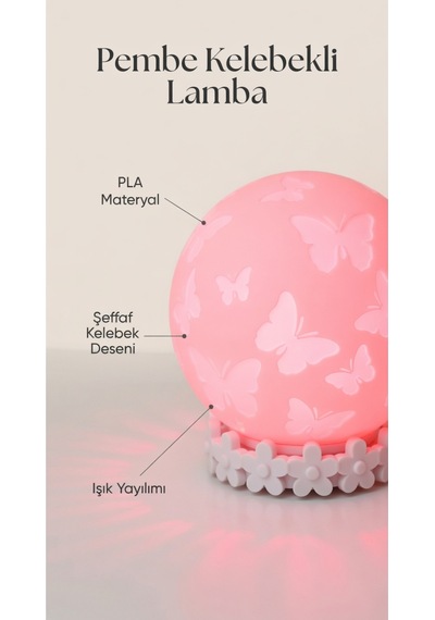 Kelebekli Lamba - Çiçekli Standlı Modern Dekoratif Aydınlatma Gece Lambası - Pembe Masa Üstü Abajur Pembe