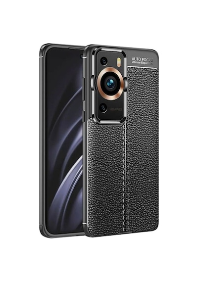Huawei P60 Pro Kamera Korumalı Deri Görünümlü Dikiş Desenli Koruyucu Niss Kapak Siyah