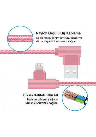 L Tipi 90 Açılı Lightning Şarj Kablosu İphone Uyumlu Naylon Örgülü Dayanıklı Kablo -