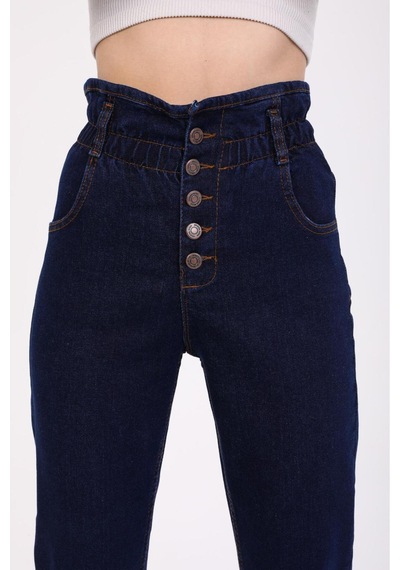 Kene Jeans Kadın Lacivert Patlet Düğmeli Kemer Büzgülü Mom Kot Pantolon Lacivert