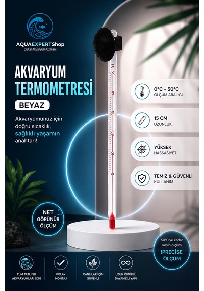 Akvaryum Termometre - Beyaz - Hassas Ölçüm - Cam Termometre - 0/50 Derece Arası Ölçüm - Net Görünür - Güçlü Vantuz