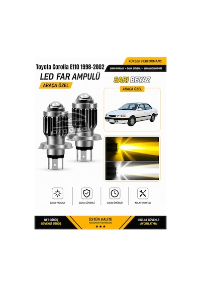 Toyota Corolla E110 1998-2002 H4 Led Far Ampulü Sarı-beyaz Işık Canbus Mini Lensli 2'li Set