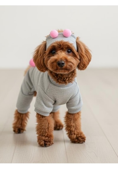 Ponpon Şeker Köpek Tulumu & Bere Takımı Şardonlu Polar Kumaş Küçük Irk Köpekler İçin Tüy Dökülmesini Gri M