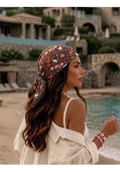 Trend Dokunuş Kadın 70-70 Kedili Hayvan Figürlüfular Bandana Kahverengi