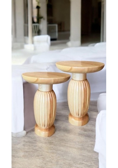Wood Wooden Ahşap 2 Li Set Fitilli Mantar Yan Sehpa Modern Fiskos