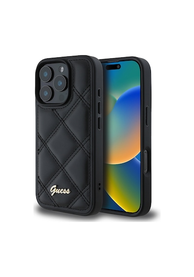 Apple iPhone 16 Pro Max Uyumlu Kılıf Guess  Lisanslı Pu Deri Metal Yazı Logolu Kapitone Kapak Siyah