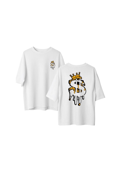 Qmen Style Unisex Beyaz Oversize Baskılı T-shirt Eriyen Dolar %100 Pamuk
