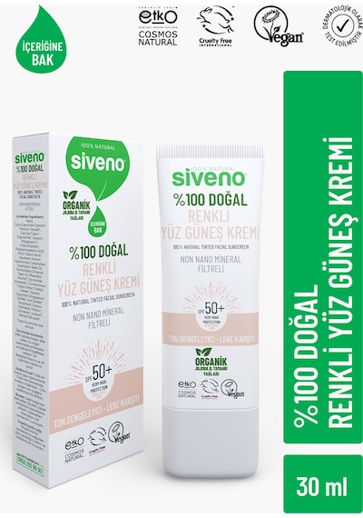 Siveno %100 Doğal Yüz Güneş Kremi Renkli Ton Eşitleyici Leke Karşıtı Uva Uvb Spf 50+ 30 ML