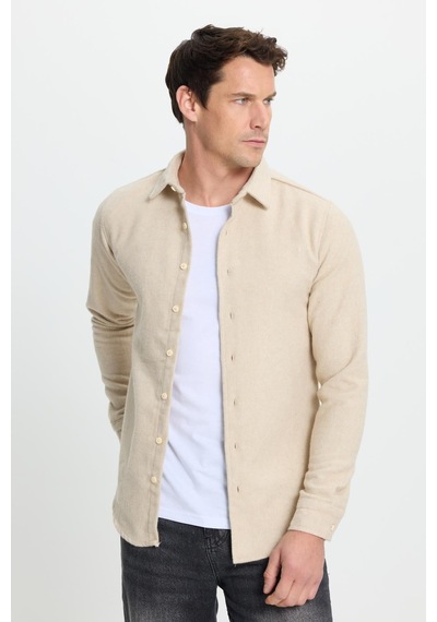 Tudors Erkek Slim Fit Dar Kesim Uzun Kollu Düz Kışlık Oduncu Bej Gömlek-41539