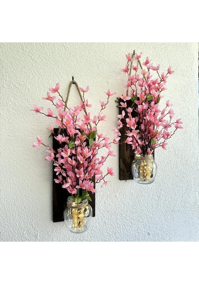 Led Işıklı, Pembe Sakura Çiçekli Duvar Dekoru Ceviz İkili Set