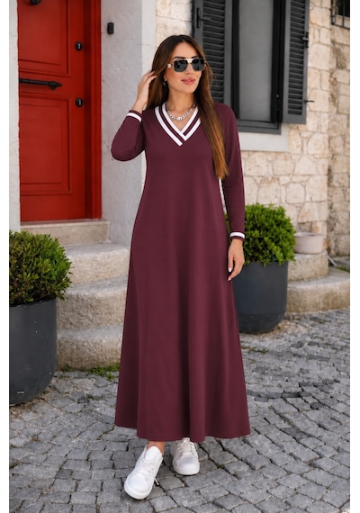 Kadın Uzun Kollu V Yakalı Cepli Uzun Viskon Iki Iplik Elbise Bordo
