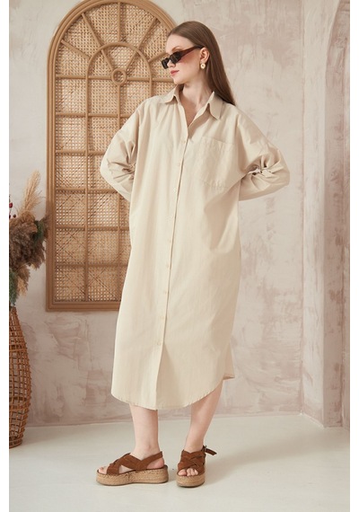 Yıldızistan Kadın Bol Kesim Uzun Kollu Poplin Cepli Oversize Uzun Günlük Spor Tunik Gömlek Elbise Taş 3555352