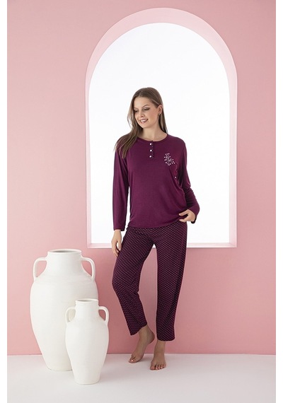 Farya Home Dreamy Uzun Kollu Desenli Düğmeli Yaka Pijama Takımı Mürdüm