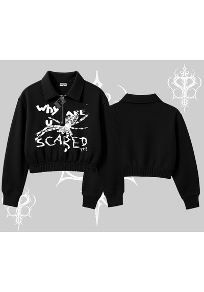 Startmore Beyaz Crop Yarım Fermuarlı Sweatshirt Why Are U Scared Siyah