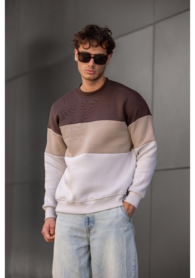 Trc 3244 Üç İplik Pamuklu Parçalı Bisiklet Yaka Erkek Sweatshirt 001
