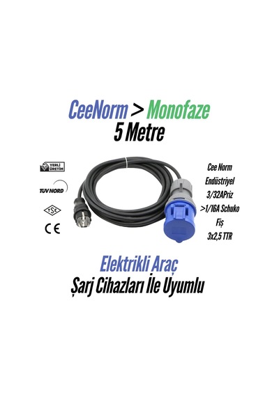 Bemis Elektrikli Araç Monofaze Uzatma Kablosu 16a 5 Metre, 3,7 Kw 1/16a Fiş 3/32a Priz 3x2,5 Ttr 1/16a Fiş 3/32a Priz 3x2,5 Ttr