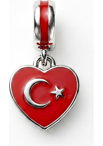Türk Bayrağı Model Kalp Detay Gümüş Charm Gümüş