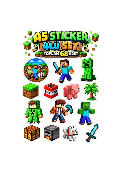Minecraft Temalı Sticker 4'lü A5 Set 68 Farklı Renkli Sticker Çıkartma Seti Çok Renkli