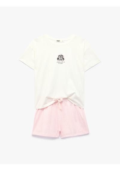 Koton Pamuklu Bisiklet Yaka Kısa Kollu Şortlu Pijama Takımı Ekru 6slk40133mk