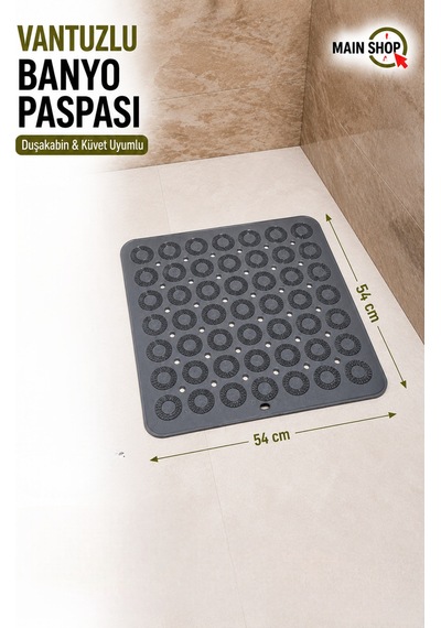 Mainshop Vantuzlu Banyo Paspası 54x54 Cm - Kaymaz Tabanlı Duşakabin Ve Küvet İçi Matı Gri M-150