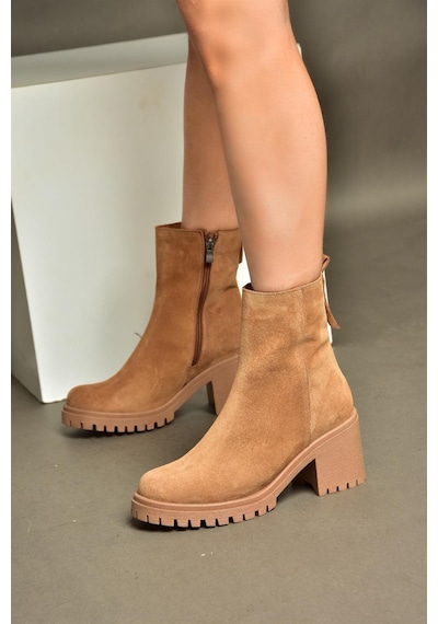 Fox Shoes R654006502 Taba Hakiki Deri Süet Kalın Topuklu Kadın Bot Taba