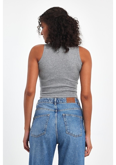 Comeor Kadın Gri Fitilli Görünümlü Askılı Kalın Esnek Örme Basic Crop Atlet Bluz Cmrb93