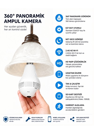 Wifi 360 Panoramik Ampul Kamera E27 Duy Uyumlu, Gece Görüşlü, Hareket Algılamalı, Çift Yönlü Ses, Micro Sd Kart Destekli Güvenlik Kamerası