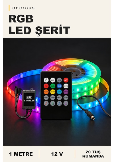 Onerous 1 M 12v Rgb Led Şerit, Müzik Kontrollü, 20 Tuş Kumandalı