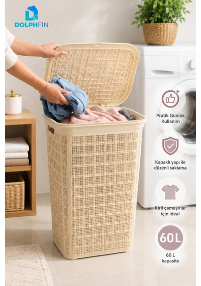 Jute Kirli Çamaşır Sepeti 60 L 46x40x58 Cm Oyuncak Saklama Taşıma Banyo Düzenleyici Sepet Bej