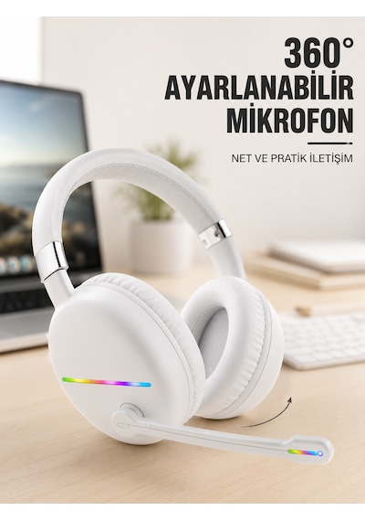 Rgb Işıklı Mikrofonlu Bluetooth Kulaklık Beyaz Over-ear Tasarım Type-c Şarjlı