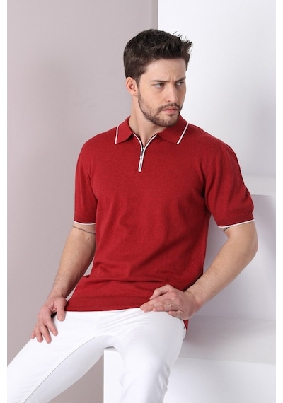 Ferraro Tarçın Yaka Şerit Fermuarlı Erkek Pamuk Triko T-Shirt-Tarçın