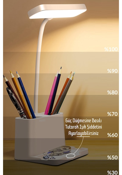 2li Set Şarjlı Masa Lambası + Kronometreli Öğrenci Saati Renk Ayarlı Ders Çalışma Okuma Lambası Q108 Beyaz