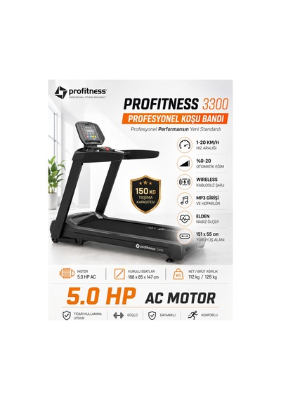 3300 Profesyonel Koşu Bandı 5.0 Hp Ac Motorlu, %20 Otomatik Eğimli, Bluetoothlu, 150 Kg Kapasiteli