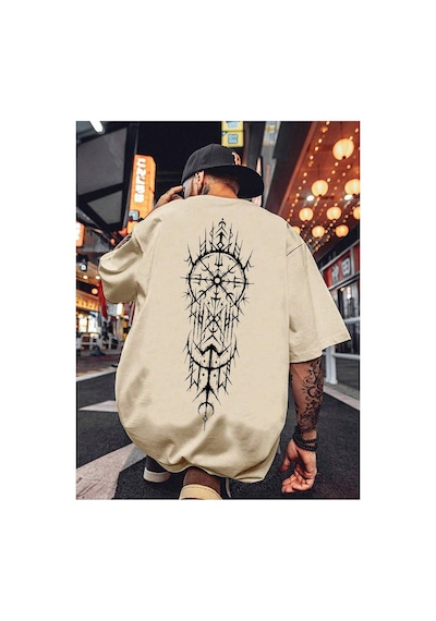 Caddemia Yaz  Moda Spor Rahat Gevşek Geometrik Desen Baskılı Yuvarlak Boyun Kısa Bej 2XL