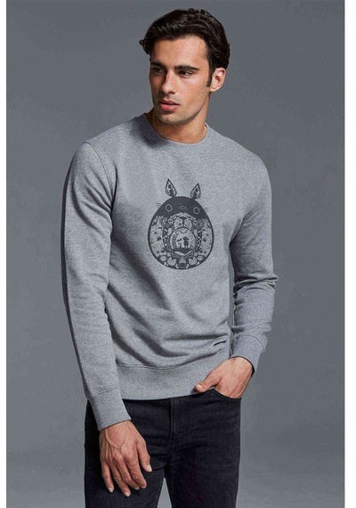 Komşum Totoro Baskılı Gri Erkek Örme Sweatshirt