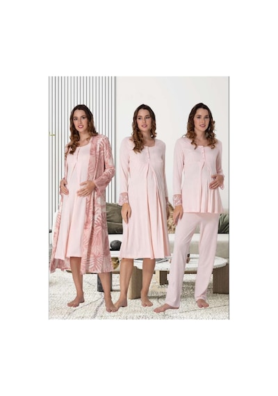 Effortt Dvina Lohusa Hamile Gecelik, Sabahlık Ve Pijama Takımı Komple Set - 4'lü Takım - Pembe Pembe