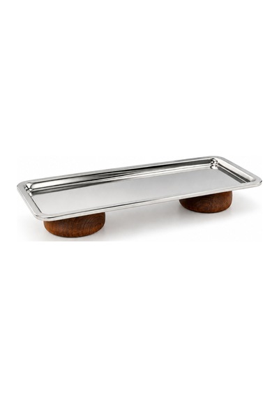 Gümüş Paslanmaz Çelik Çift Ahşap Ayaklı Dikdörtgen Sunum Ve Servis Tabağı 33x13 Cm Gümüş - 915233402 Gümüş