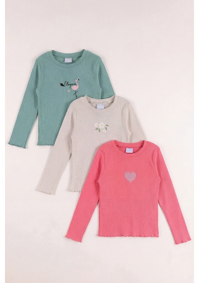 Monox 5-12 Yaş Kız Çocuk Fitilli Nakışlı 3 Lü Sweatshirt Takım Taş Çağla Nar