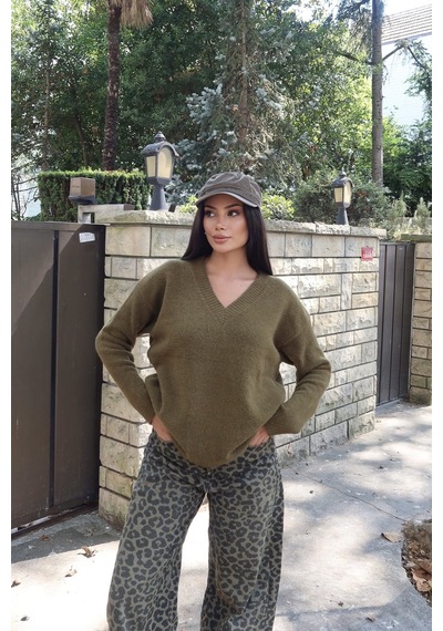 Kechi Woman V Yaka Oversize Triko Kazak Yeşil
