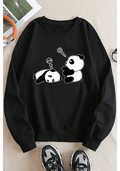 Unisex Uykucu Panda Baskılı Bisiklet Yaka Sweatshirt Siyah