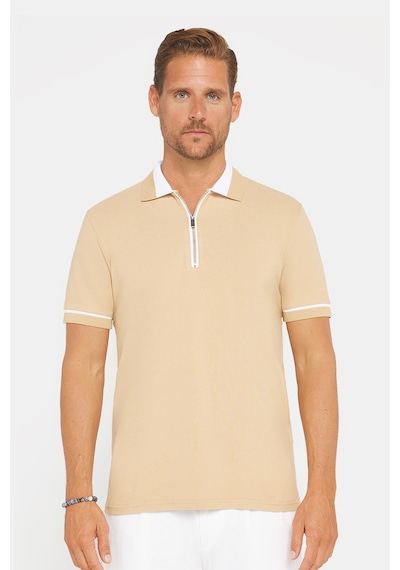 Tudors Erkek Slim Fit Dar Kesim %100 Pamuk Düz Pike Fermuarlı Kum Rengi Polo Yaka Tişört-31113 Kum
